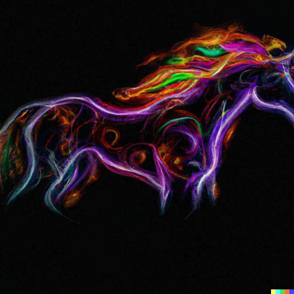 a horse, made from glowing multicolored luminescent fibers, digital art